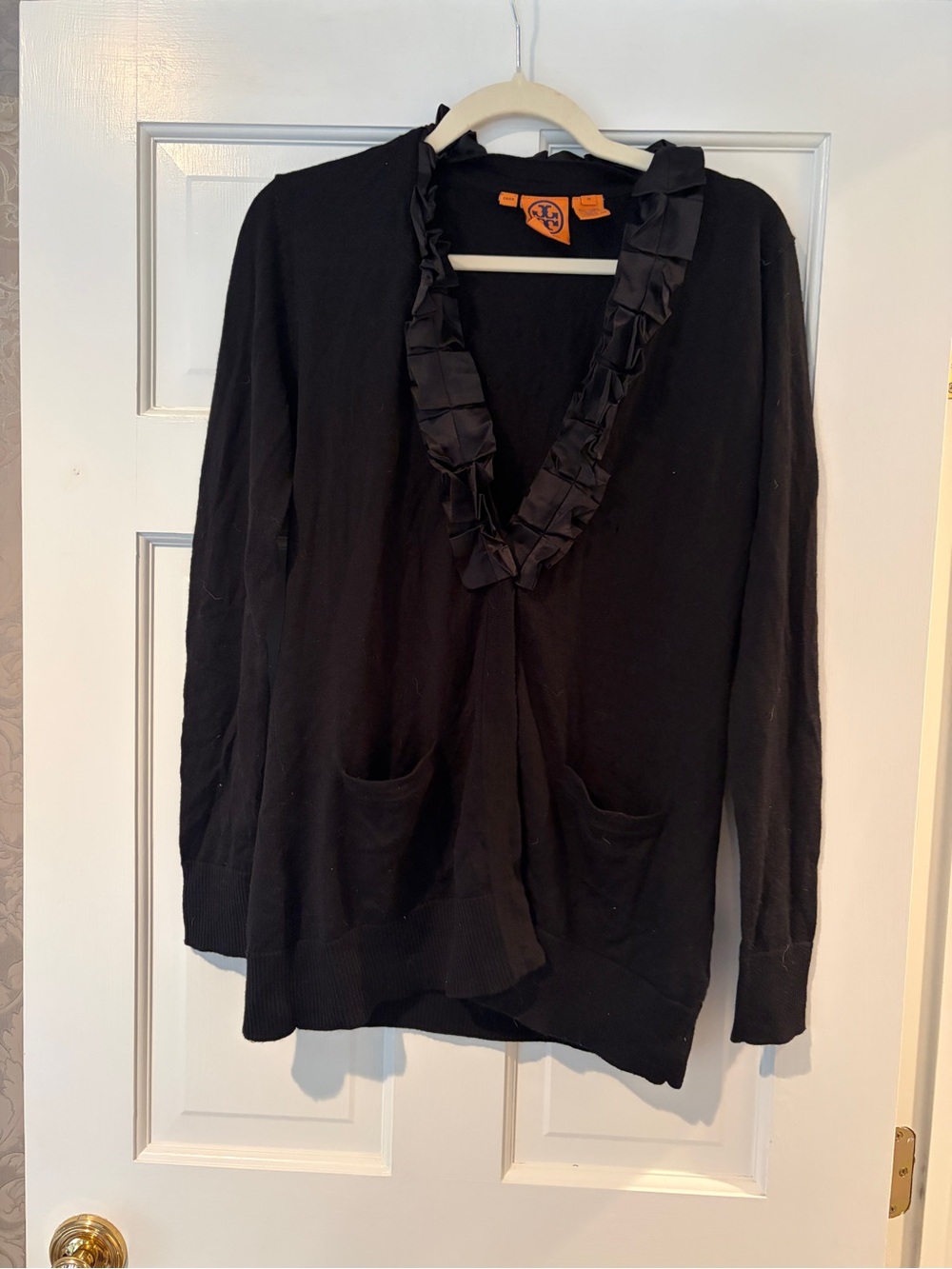 Black Ruffle-Trim V-Neck Women's Sweater cardigan wool tory burch m